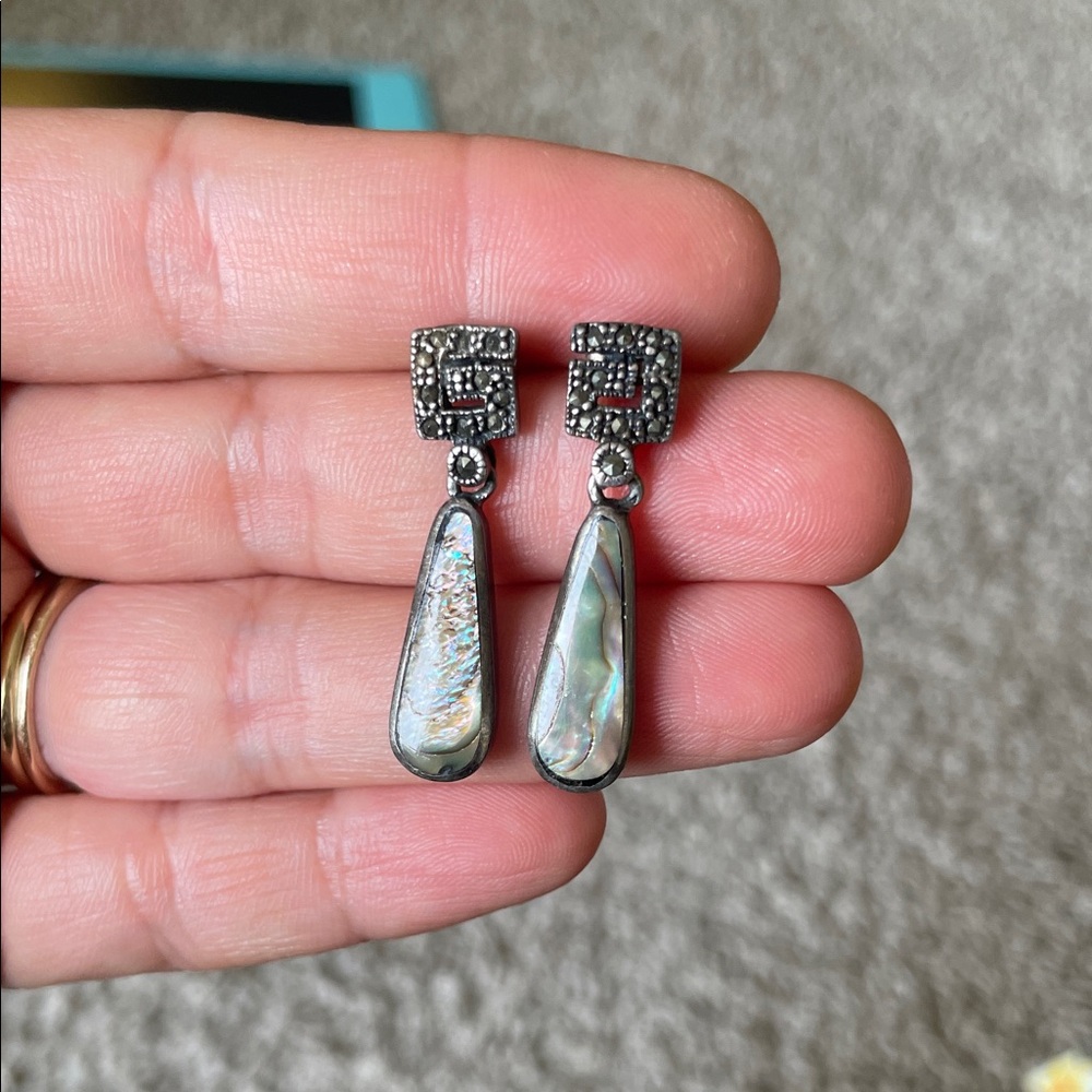 Vintage Sterling Silver, Marcasite Abalone Drop Earrings